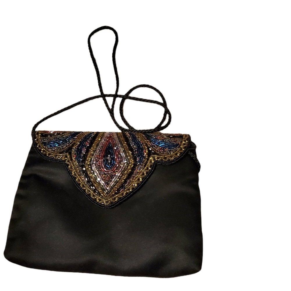 Vintage beaded black small purse with shoulder strap snap closure